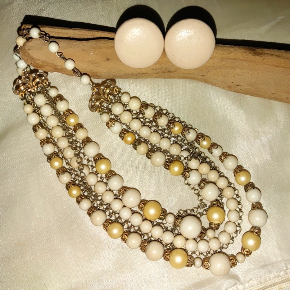 Vintage 7-Strand Faux Pearl Choker Necklace & Earring Ser
